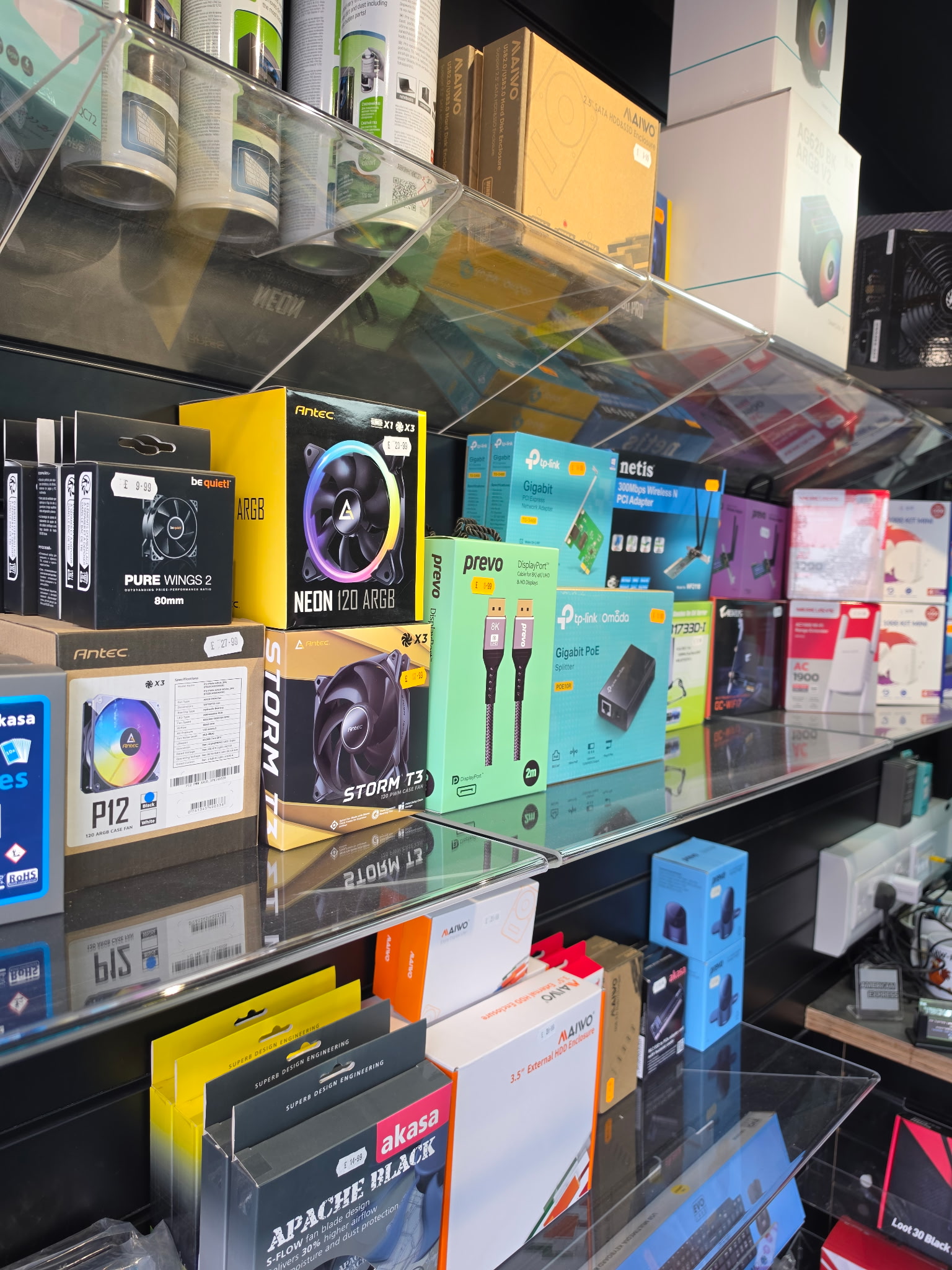 Fans, coolers, and power supplies on display at The Tech Store